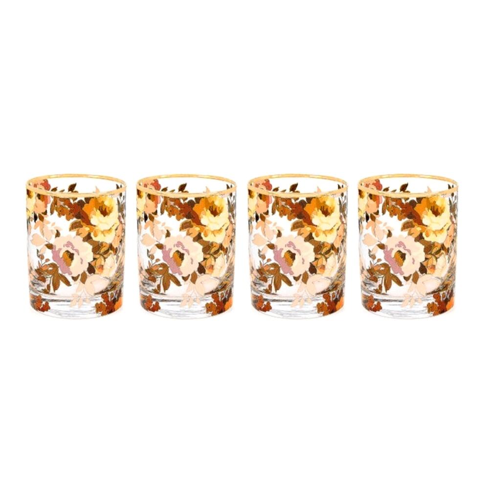 MacKenzie-Childs Wild Rose Tumbler Glass Set of 4 Floral Barware in Original Box